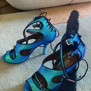 Tabitha Simmons lace up blue mermaid iridescent tic tac heels strappy